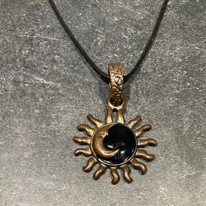 Sun and Moon Gold Tone and Black Enamel Cord Necklace